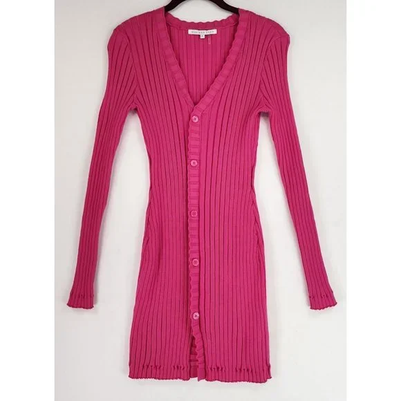 Endless Rose Dress Womens Small Pink Rulffe V Neck Ribbed Button Down Knit Mini - Picture 1 of 11